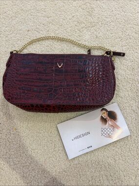 Hidesign Burgundy Croc-Effect Shoulder Bag with Gold Chain Strap